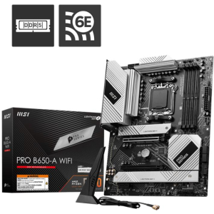 Mainboard MSI AMD B650 SAM5 ATX Memory DDR5 Memory slots 4 1xPCI-Express 3.0 1x 1xPCI-Express 4.0 2x 1xPCI-Express 4.0 16x 3xM.2 1xHDMI 1xDisplayPort 2xUSB 2.0 7xUSB 3.2 1xUSB-C 1xOptical S/PDIF 1xRJ45 3xAudio port PROB650-AWIFI