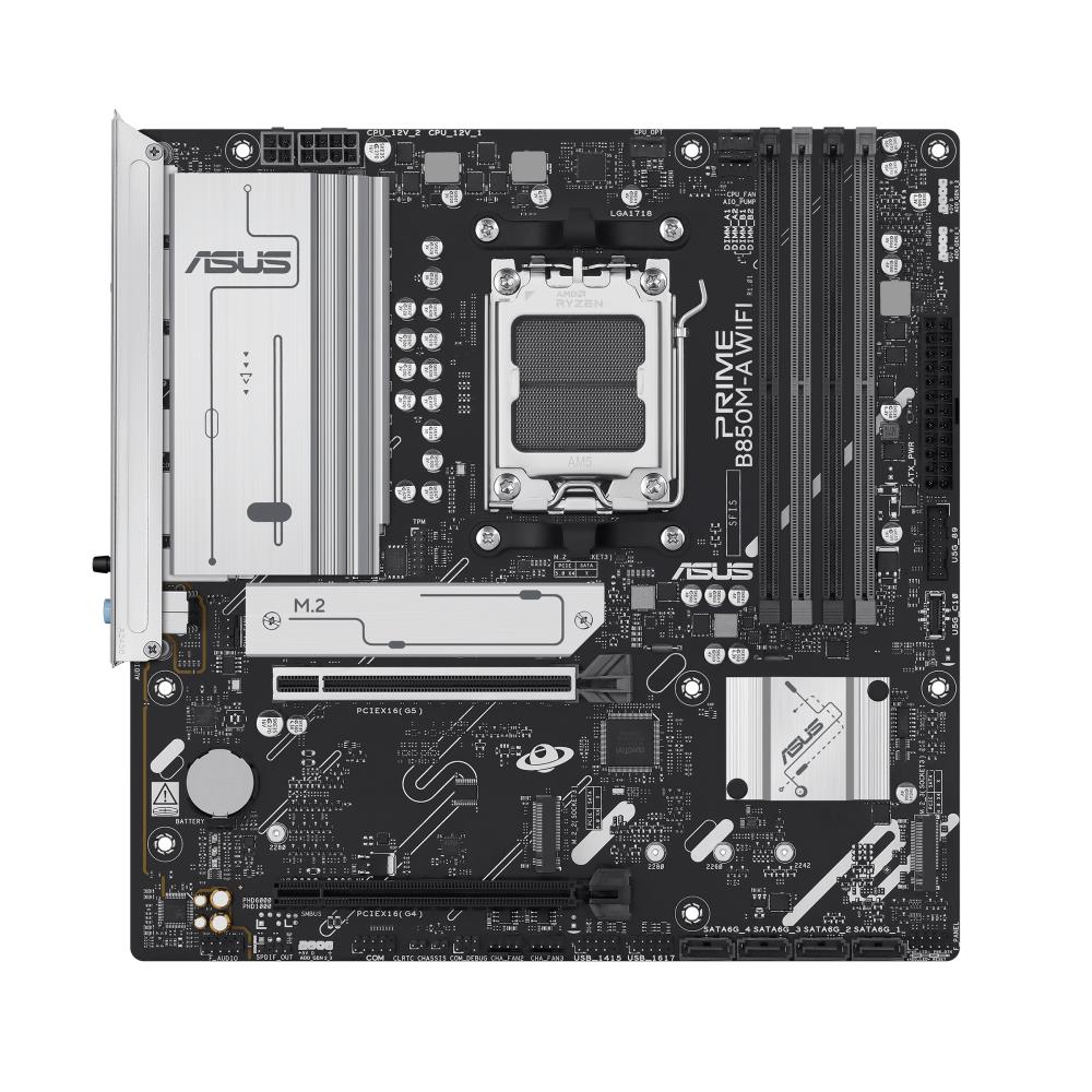 Mainboard ASUS AMD B850 SAM5 Micro-ATX Memory DDR5 Memory slots 4 1xPCI-Express 4.0 16x 1xPCI-Express 5.0 16x 3xM.2 1xHDMI 2xDisplayPort 4xUSB 2.0 4xUSB 3.2 1xRJ45 3xAudio port PRIMEB850M-AWIFI - Image 2