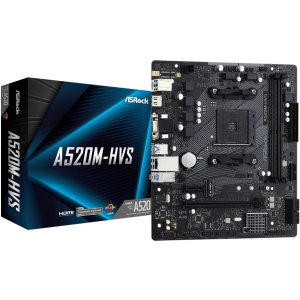 Mainboard ASROCK AMD A520 SAM4 Micro-ATX Memory DDR4 Memory slots 2 1xPCI-Express 3.0 1x 1xPCI-Express 3.0 16x 1xM.2 1x15pin D-sub 1xHDMI 2xAudio-In 1xAudio-Out 2xUSB 2.0 4xUSB 3.2 1xPS/2 1xRJ45 A520M-HVS
