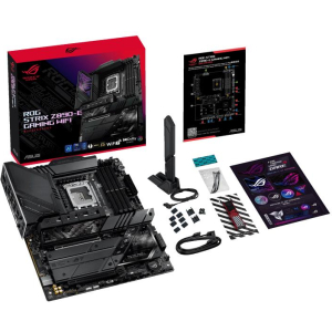 Mainboard ASUS Intel Z890 LGA1851 ATX Memory DDR5 Memory slots 4 1xPCI-Express 4.0 16x 1xPCI-Express 5.0 16x 7xM.2 1xHDMI 1xDisplayPort 1xAudio-In 1xAudio-Out 3xUSB 3.0 7xUSB 3.1 2xUSB-C 2xUSB-C w/Thunderbolt 1xOptical S/PDIF 1xRJ45 ROGSTRIXZ890-EGAMWIFI