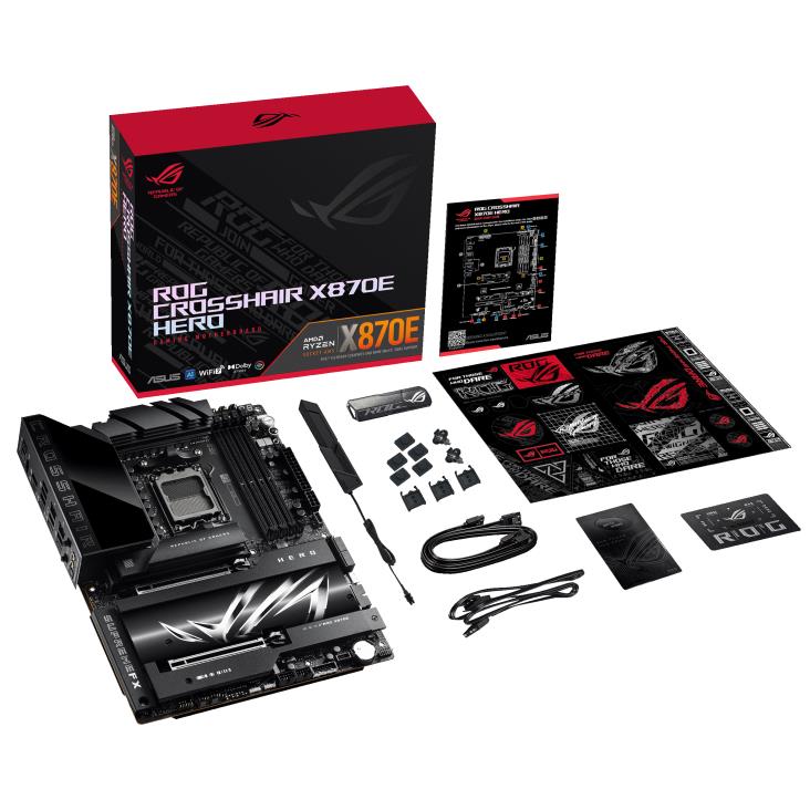 Mainboard ASUS AMD X870E SAM5 ATX Memory DDR5 Memory slots 4 2xPCI-Express 4.0 16x 2xPCI-Express 5.0 16x 4xM.2 1xHDMI 1xAudio-In 1xAudio-Out 6xUSB 3.2 2xUSB-C 2xUSB4 1xOptical S/PDIF 1xRJ45 ROGCROSSHAIRX870EHERO