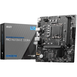 Mainboard MSI Intel H610 LGA1700 MicroATX Memory DDR4 Memory slots 2 1xPCI-Express 1x 1xPCI-Express 16x 1xM.2 1x15pin D-sub 1xHDMI 4xUSB 2.0 2xUSB 3.2 1xPS/2 1xRJ45 3xAudio port PROH610M-EDDR4
