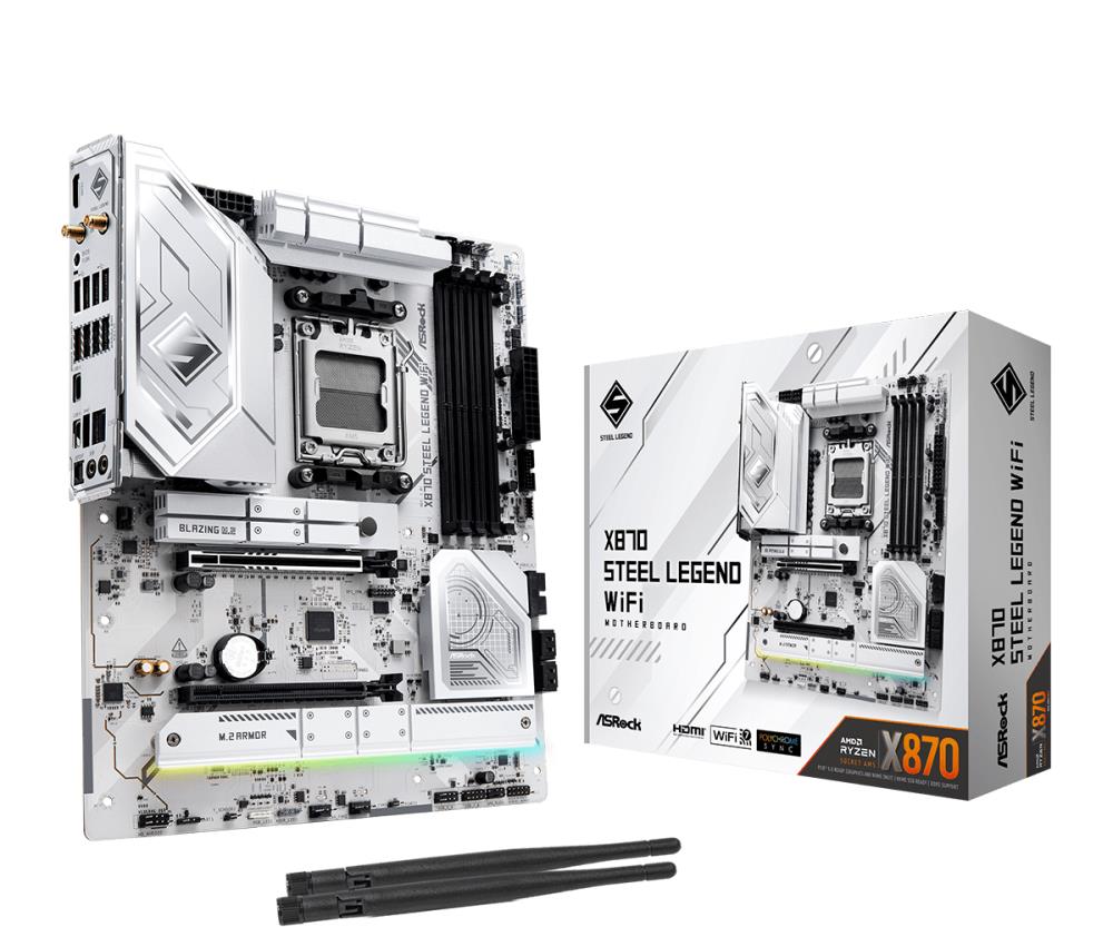 Mainboard ASROCK AMD X870 SAM5 ATX Memory DDR5 Memory slots 4 1xPCI-Express 4.0 16x 1xPCI-Express 5.0 16x 4xM.2 1xHDMI 4xUSB 2.0 5xUSB 3.2 2xUSB-C 1xOptical S/PDIF 1xRJ45 2xAudio port X870STEELLEGENDWIFI