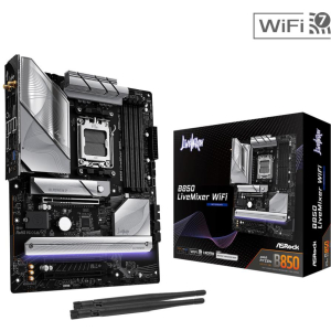 Mainboard ASROCK AMD B850 SAM5 ATX Memory DDR5 Memory slots 4 2xPCI-Express 4.0 16x 1xPCI-Express 5.0 16x 1xM.2 1xHDMI 1xDisplayPort 1xAudio-In 1xAudio-Out 2xUSB 2.0 1xUSB-C 1xOptical S/PDIF 1xRJ45 B850LIVEMIXERWIFI