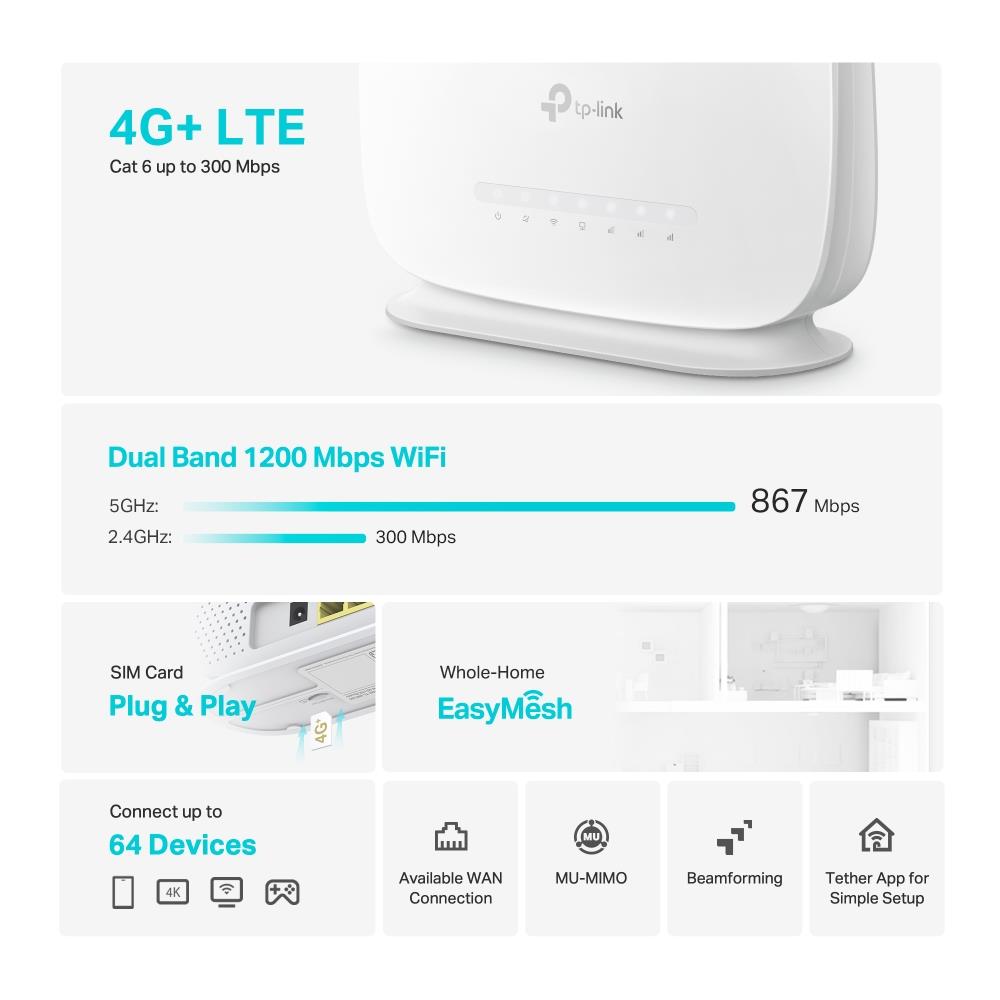 Wireless Router TP-LINK Wireless Router 1200 Mbps IEEE 802.11a IEEE 802.11 b/g IEEE 802.11n IEEE 802.11ac 3x10/100/1000M LAN WAN ports 1 Number of antennas 2 4G ARCHERMR505 - Image 4