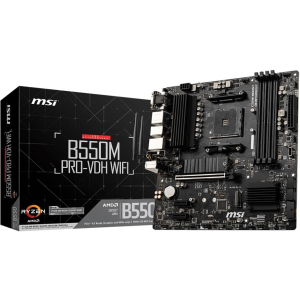 Mainboard MSI AMD B550 SAM4 MicroATX 2xPCI-Express 3.0 1x 2xM.2 1xPCI-Express 4.0 16x Memory DDR4 Memory slots 4 1x15pin D-sub 1xHDMI 1xDisplayPort 2xUSB 2.0 4xUSB 3.2 1xPS/2 1xRJ45 3xAudio port B550MPRO-VDHWIFI