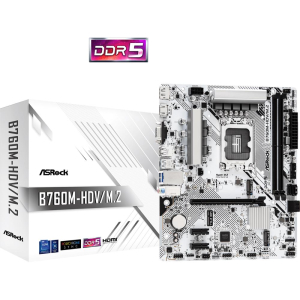 Mainboard ASROCK Intel B760 Express LGA1700 Micro-ATX Memory DDR5 Memory slots 2 2xPCI-Express 3.0 1x 1xPCI-Express 4.0 16x 1xM.2 1x15pin D-sub 1xHDMI 1xDisplayPort 1xAV-In 1xAV-out 1xMicrophone 2xUSB 2.0 3xUSB 3.2 1xUSB-C 1xRJ45 B760M-HDV/M.2