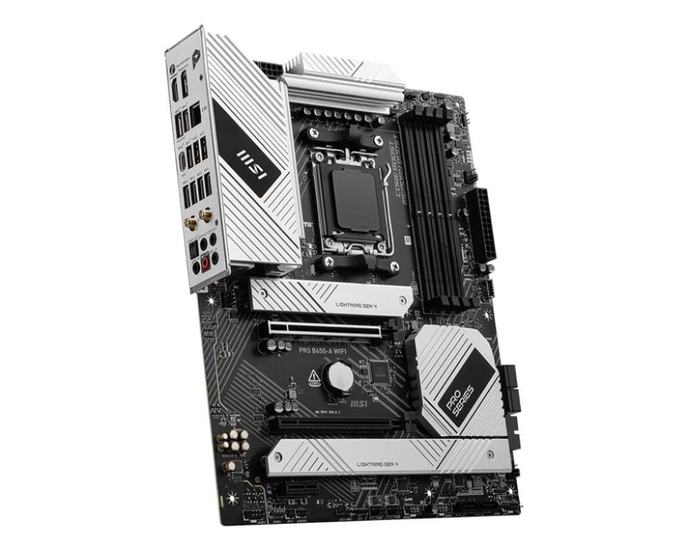 Mainboard MSI AMD B650 SAM5 ATX Memory DDR5 Memory slots 4 1xPCI-Express 3.0 1x 1xPCI-Express 4.0 2x 1xPCI-Express 4.0 16x 3xM.2 1xHDMI 1xDisplayPort 2xUSB 2.0 7xUSB 3.2 1xUSB-C 1xOptical S/PDIF 1xRJ45 3xAudio port PROB650-AWIFI - Image 4