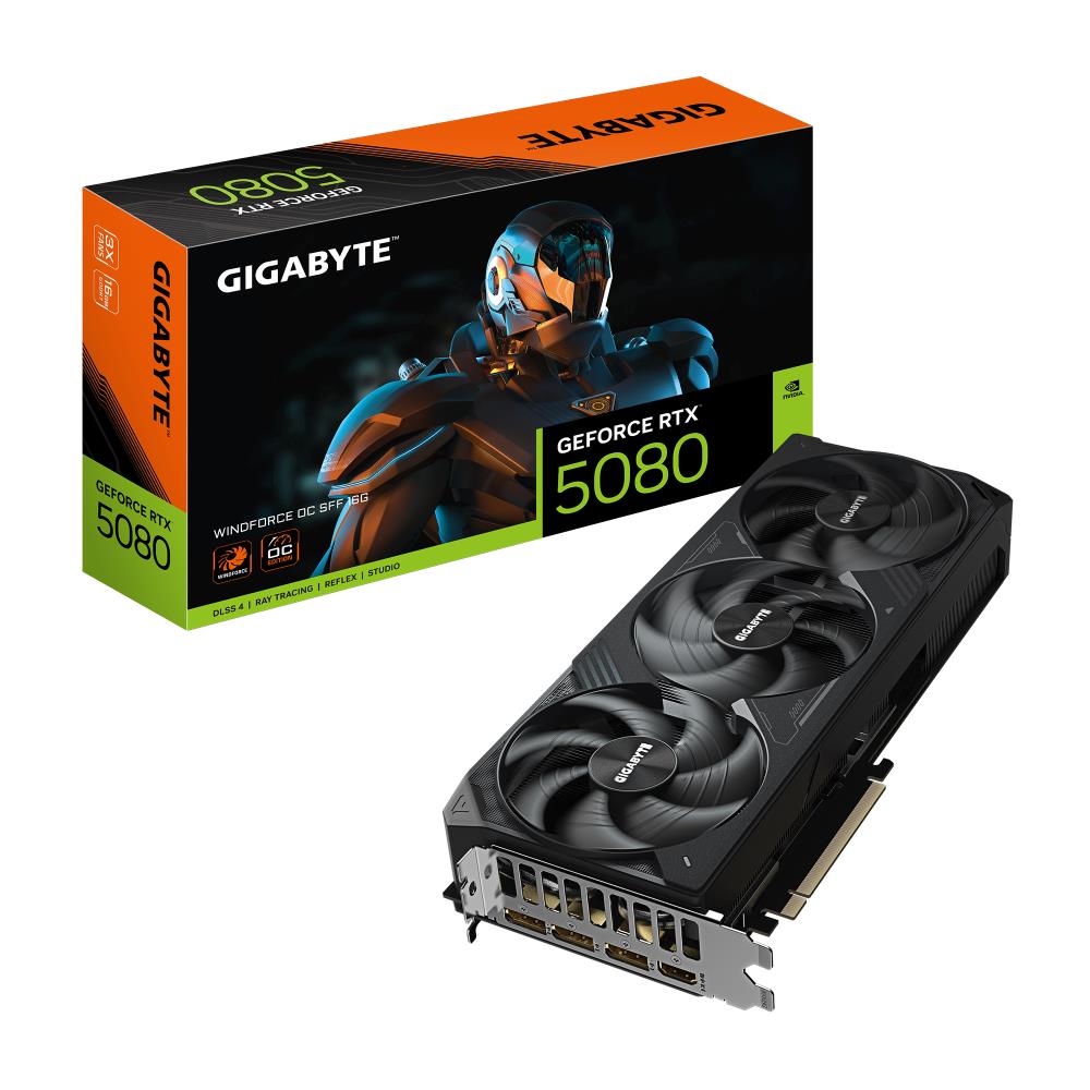 Graphics Card GIGABYTE NVIDIA GeForce RTX 5080 16 GB GDDR7 256 bit PCIE 5.0 16x GPU 2670 MHz Triple slot Fansink 1xHDMI 3xDisplayPort GV-N5080WF3OC-16GD1.0