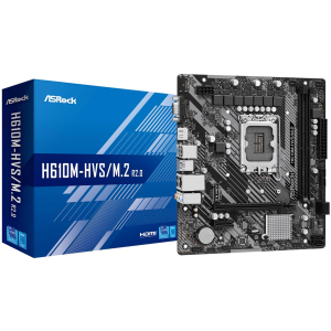 Mainboard ASROCK Intel H610 LGA1700 Micro-ATX Memory DDR4 Memory slots 2 1xPCI-Express 3.0 1x 1xPCI-Express 4.0 16x 1xM.2 1x15pin D-sub 1xHDMI 1xAudio-In 1xAudio-Out 1xMicrophone 4xUSB 2.0 2xUSB 3.2 1xPS/2 1xRJ45 H610M-HVS/M.2R2.0